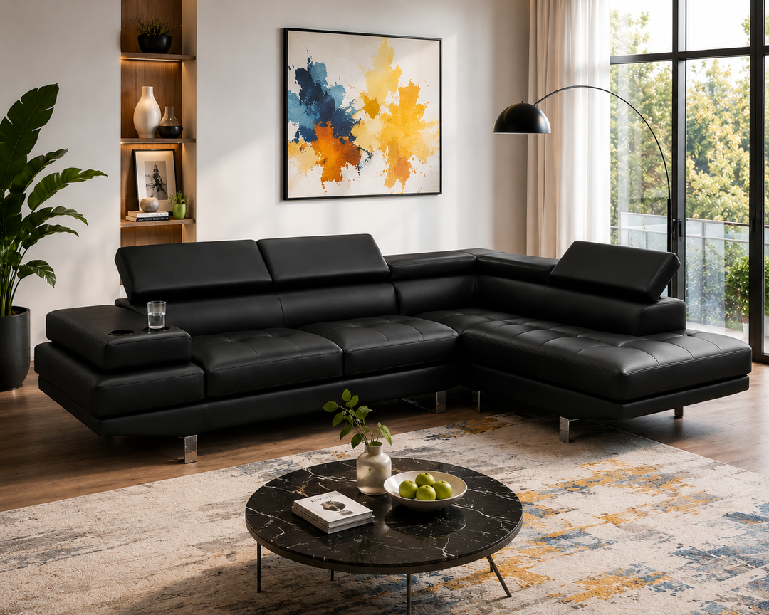 Grayson 3-Seater Sectional Sofa In Leathaire Upholstery - Black | Available in LHF/ RHF Configuration