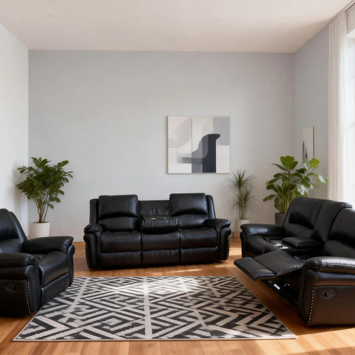 Alex 3-Piece Manual Recliner Set In Leathaire Upholstery - Black
