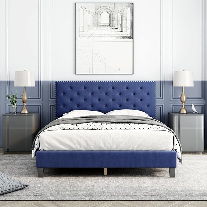 Renza Velvet Upholstered Platform Bed Frame With Adjustable Headboard - Blue