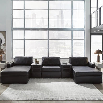 74305S49 Modmax II 5-piece Leather Upholstered Sectional Sofa With Dual Chaise &amp; Audio Console - Black | Signature Design By Ashley