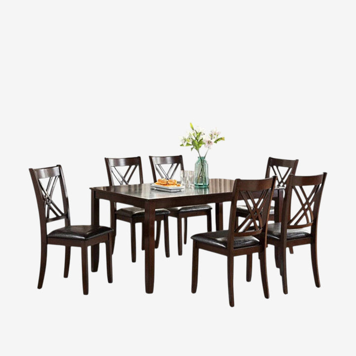 Dex Wooden Dining Table Set For 6 With Leather Upholstered Chairs - Espresso