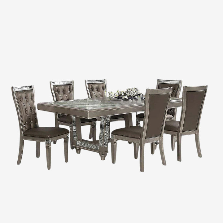 Crystal Dining Table Set For 6 With Extendable Table - Silver/ Champagne