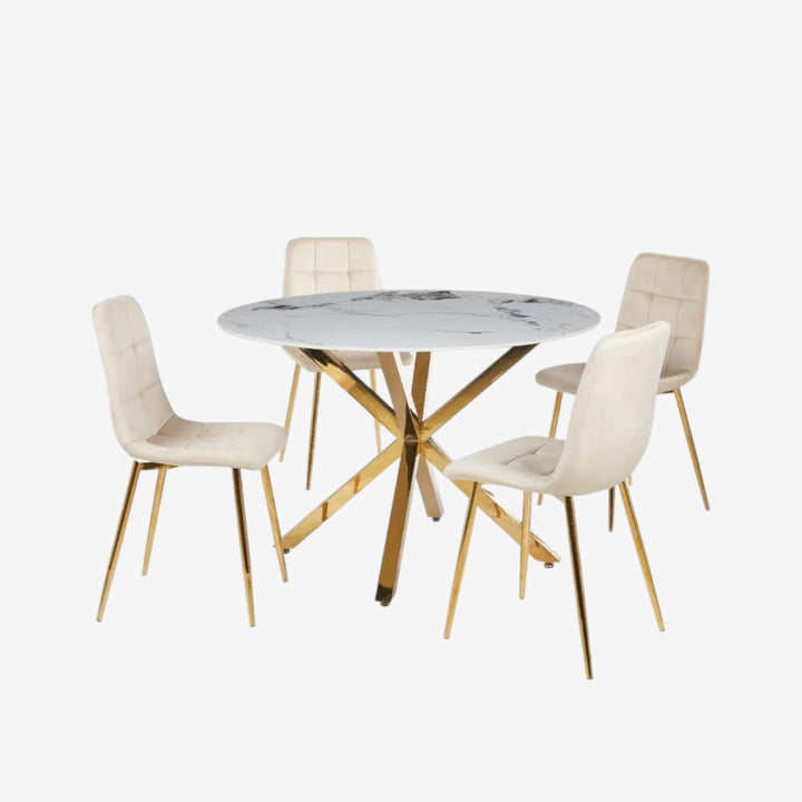 Emberis Metallic Dining Table Set For 4 With Fabric Upholstered Chairs - Beige/ Gold