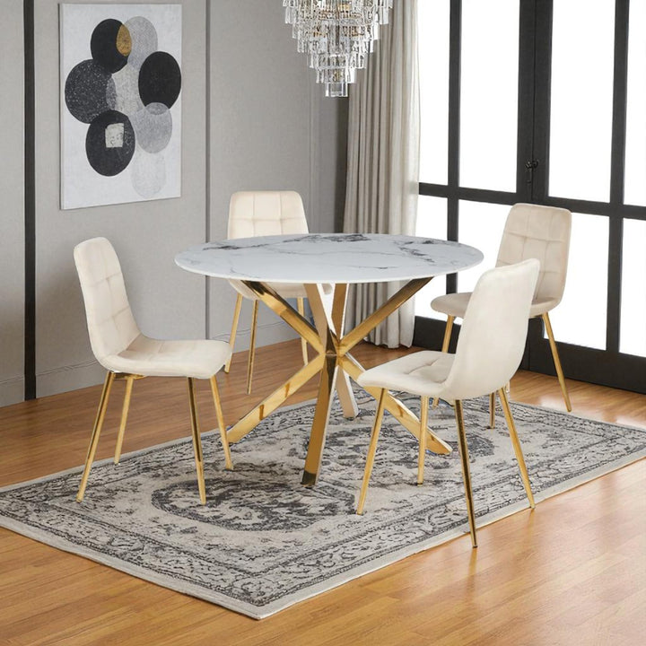 Emberis Metallic Dining Table Set For 4 With Fabric Upholstered Chairs - Beige/ Gold