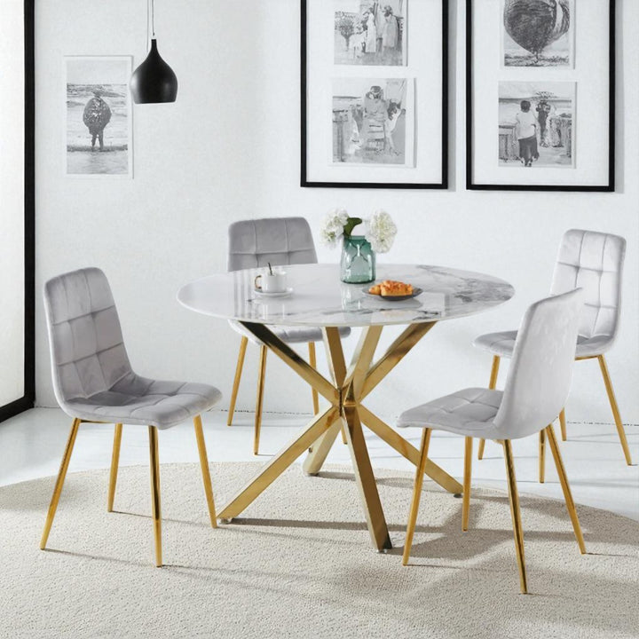 Emberis Metallic Dining Table Set For 4 With Fabric Upholstered Chairs - Grey/ Gold
