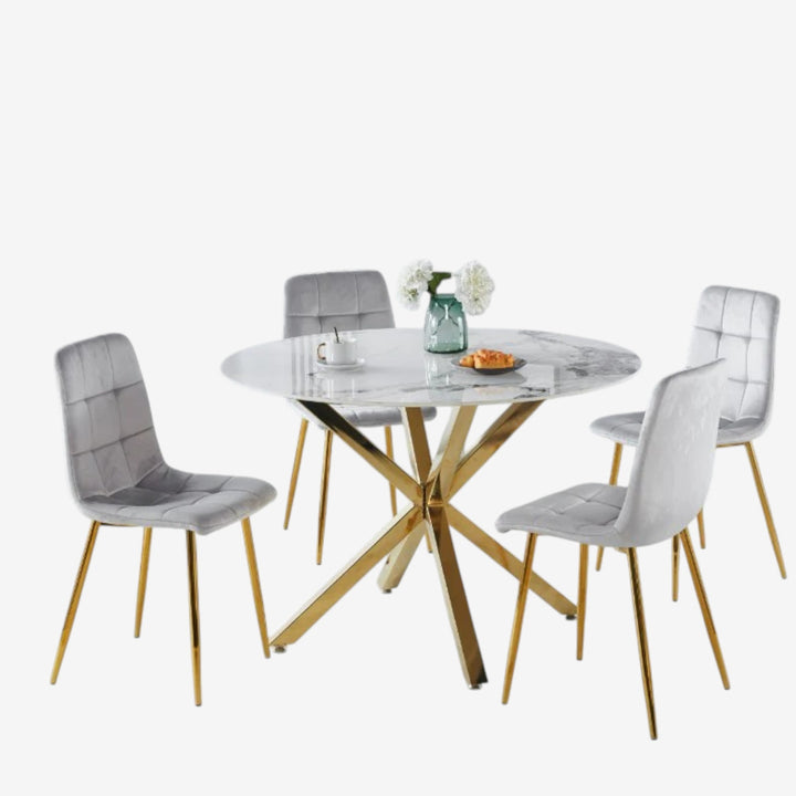 Emberis Metallic Dining Table Set For 4 With Fabric Upholstered Chairs - Grey/ Gold