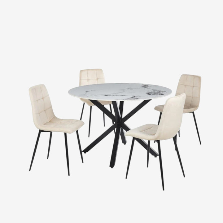 Emberis Metallic Dining Table Set For 4 With Fabric Upholstered Chairs - Beige/ Black