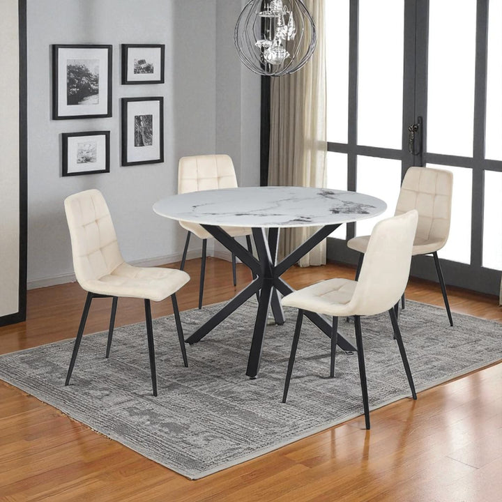 Emberis Metallic Dining Table Set For 4 With Fabric Upholstered Chairs - Beige/ Black