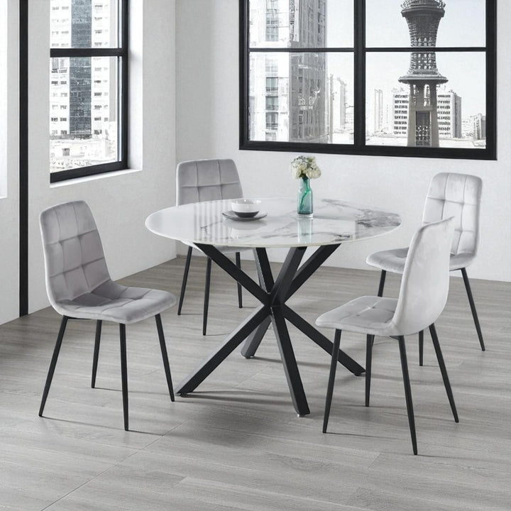 Emberis Metallic Dining Table Set For 4 With Fabric Upholstered Chairs - Grey/ Black