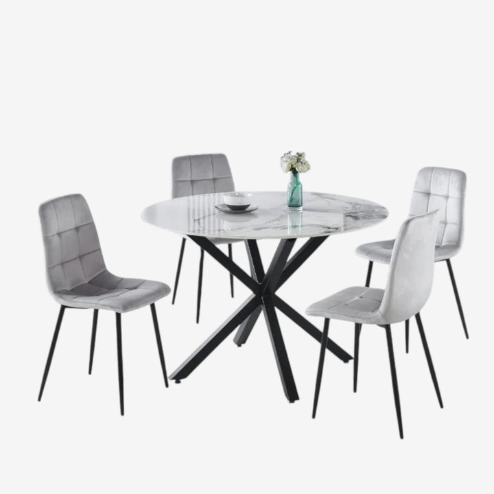 Emberis Metallic Dining Table Set For 4 With Fabric Upholstered Chairs - Grey/ Black