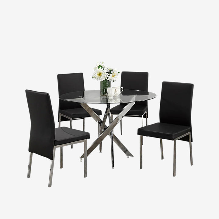 Sidney Metallic Dining Table Set For 4 With PU Upholstered Chairs - Black/ Chrome