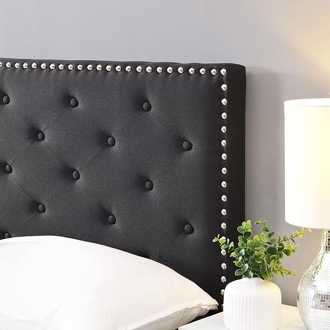 Renza Velvet Upholstered Platform Bed Frame With Adjustable Headboard - Black