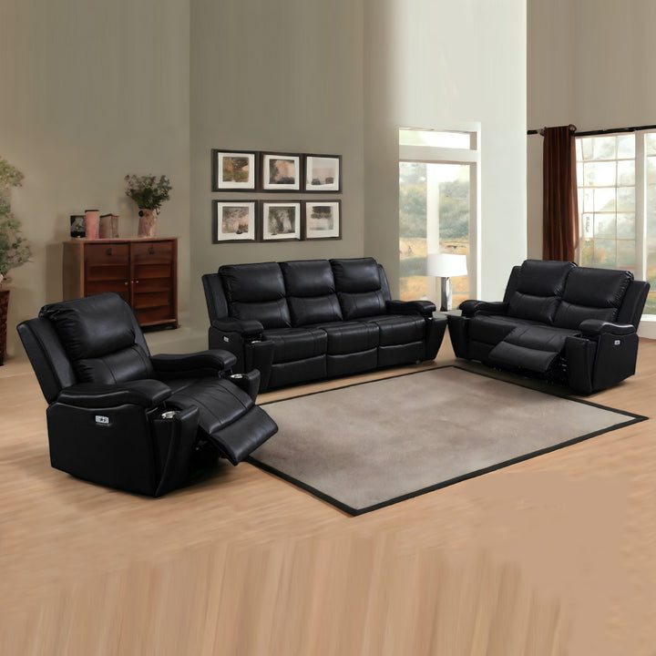 Lexar 3-Piece Power Recliner Set In Leather Gel Upholstery - Midnight Black