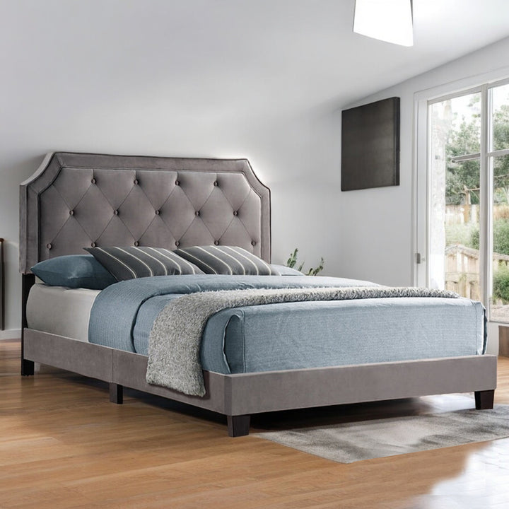 Faye Velvet Upholstered Platform Bed Frame In Grey Finish