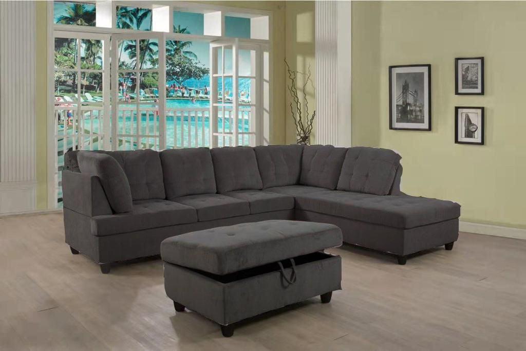 Elvario 2-Piece Fabric Upholstered Sectional Sofa With Storage Ottoman - Dark Grey | Available In LHF/ RHF Configuration