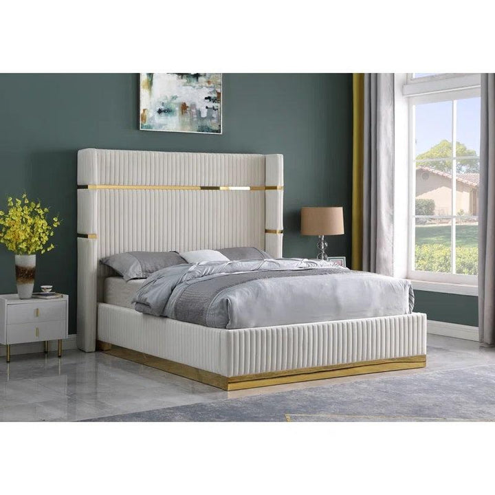 Horizon Platform Bed Frame In Velvet Upholstery - Beige