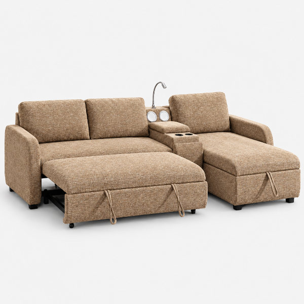 Michi Brown Sectional Sofa Bed With Reversible Storage Chaise &amp; Console