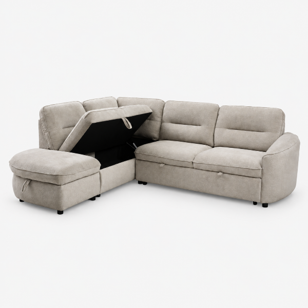 Stuart Beige Sleeper Sectional Sofa With Storage Chaise | Available In RHF/ LHF Configuration