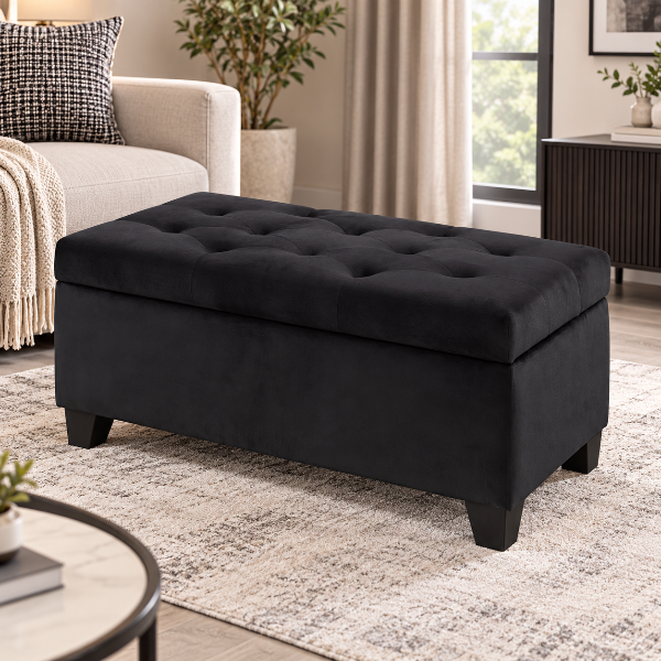 Shiv Fabric Upholstered Black Storage Accent Ottoman
