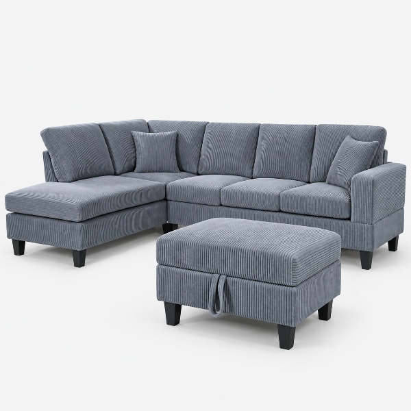 Jerry Grey Fabric Upholstered Sectional Sofa With Reversible Chaise &amp; Ottoman