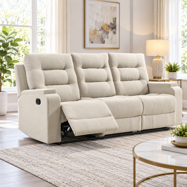 Larkin  Beige Manual Recliner Sofa in Fabric Upholstery