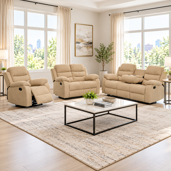 Chester 3-Piece Manual Recliner Set In Fabric Upholstery - Beige