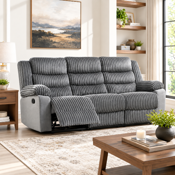 Nathan 3-Seater Manual Recliner Sofa In Fabric Upholstery - Grey