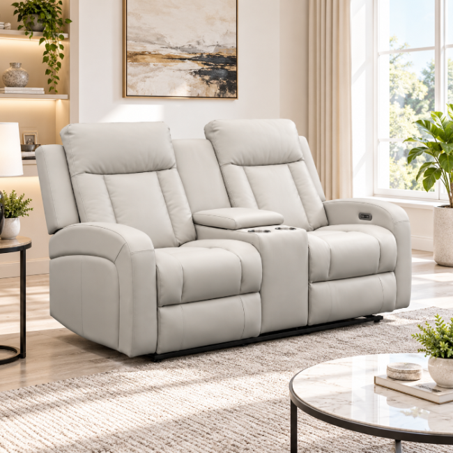Sudex Beige Power Recliner Loveseat in Top Grain Leather