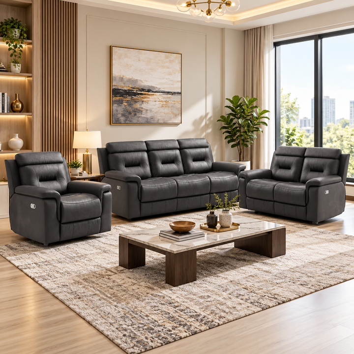 Tyson 3-Piece Manual Recliner Set In Genuine Leather Upholstery - Midnight Black