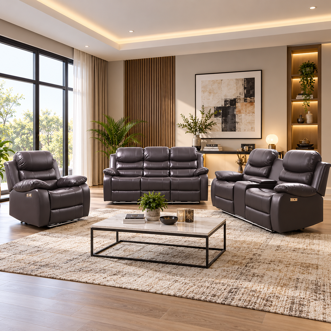 Sierra 3-Piece Power Recliner Set In Air-Leather Upholstery - Brown