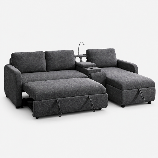 Michi Dark Grey Sectional Sofa Bed With Reversible Storage Chaise &amp; Console
