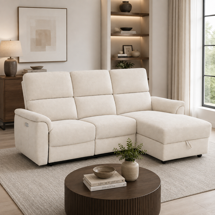 Loid Fabric Upholstered Beige Recliner Sectional With Chaise