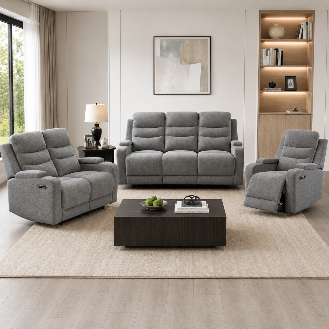 Macha 3-Piece Grey Power Recliner Set In Fabric Upholstery