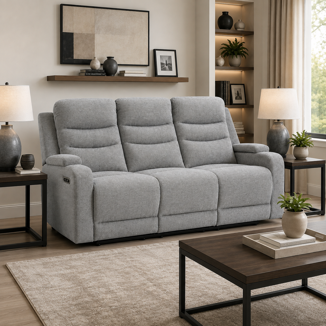 Macha 3-Piece Grey Power Recliner Set In Fabric Upholstery