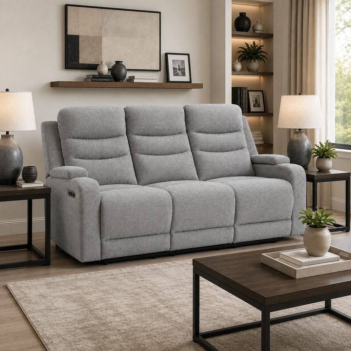 Macha 3-Piece Grey Power Recliner Set In Fabric Upholstery