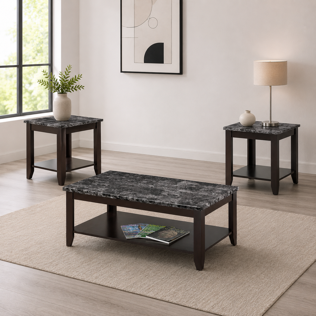Nixor 3-Piece Coffee Table Set With Faux Dark Marble Tabletop