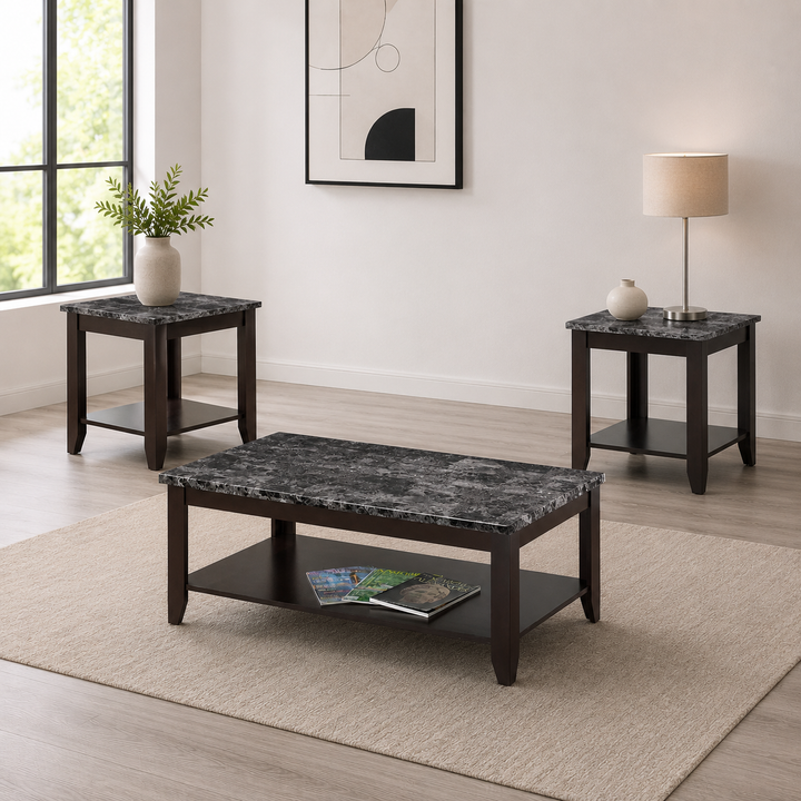 Nixor 3-Piece Coffee Table Set With Faux Dark Marble Tabletop