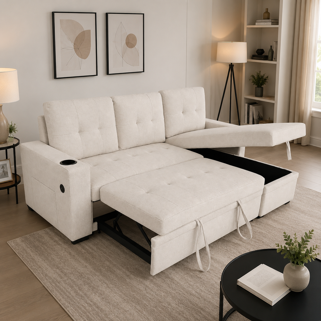 Evane Fabric Upholstered Sectional Sofa Bed With Reversible Storage Chaise &amp; USB Charing Ports - Beige