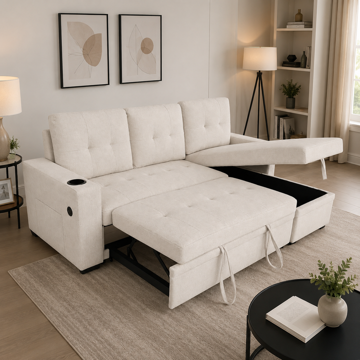 Evane Fabric Upholstered Sectional Sofa Bed With Reversible Storage Chaise &amp; USB Charing Ports - Beige