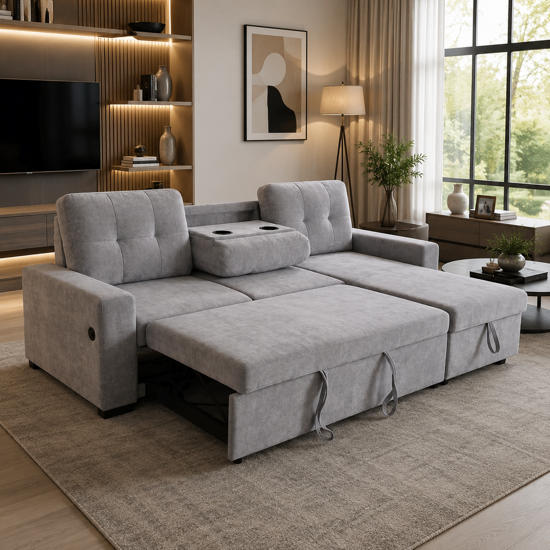 Howard Fabric Upholstered Sectional Sofa Bed With Reversible Storage Chaise &amp; USB Charging Ports - Grey