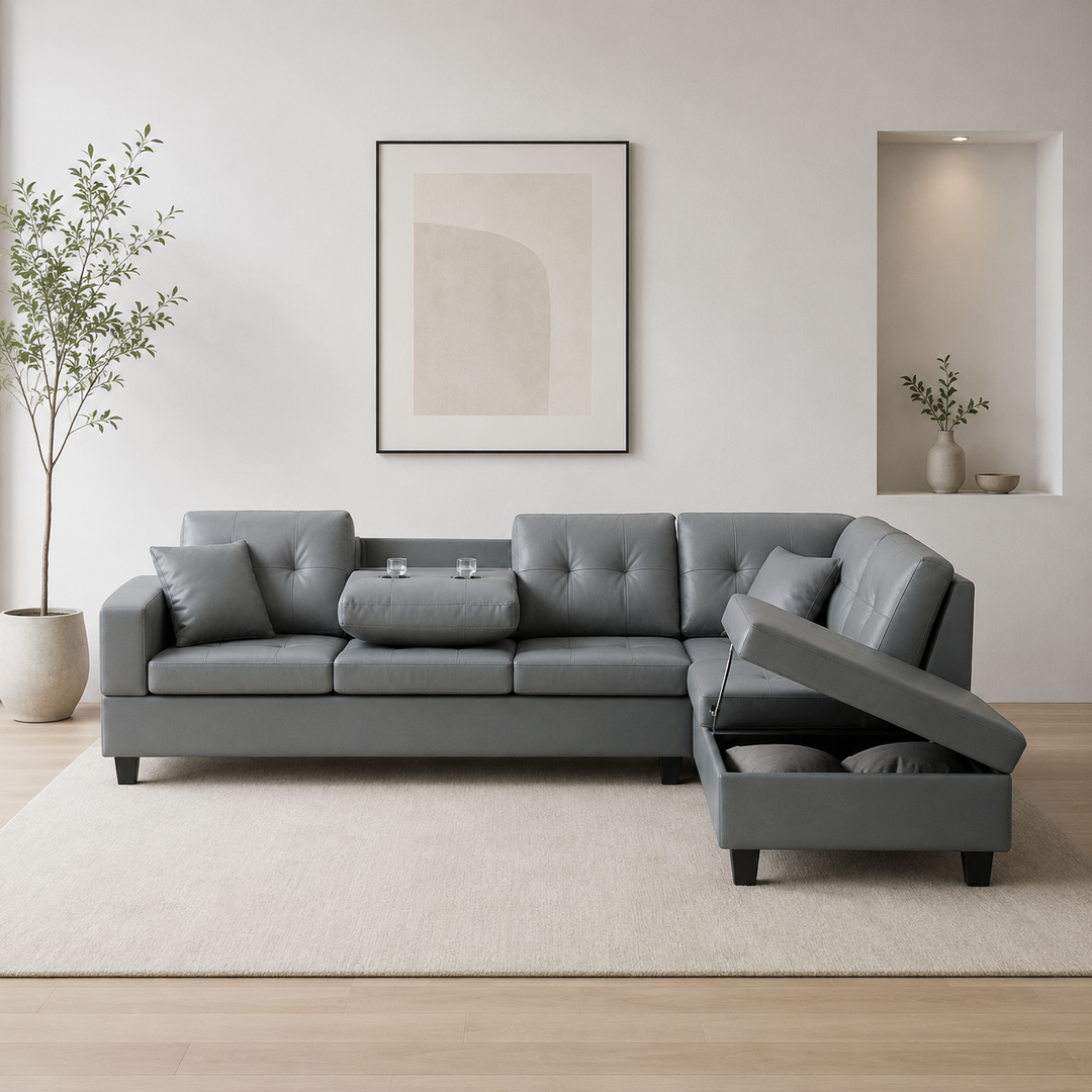 Marcel Grey PU Leather Upholstered Sectional Sofa With Reversible Chaise