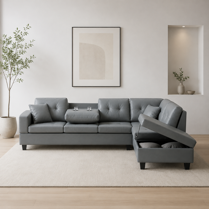 Marcel Grey PU Leather Upholstered Sectional Sofa With Reversible Chaise