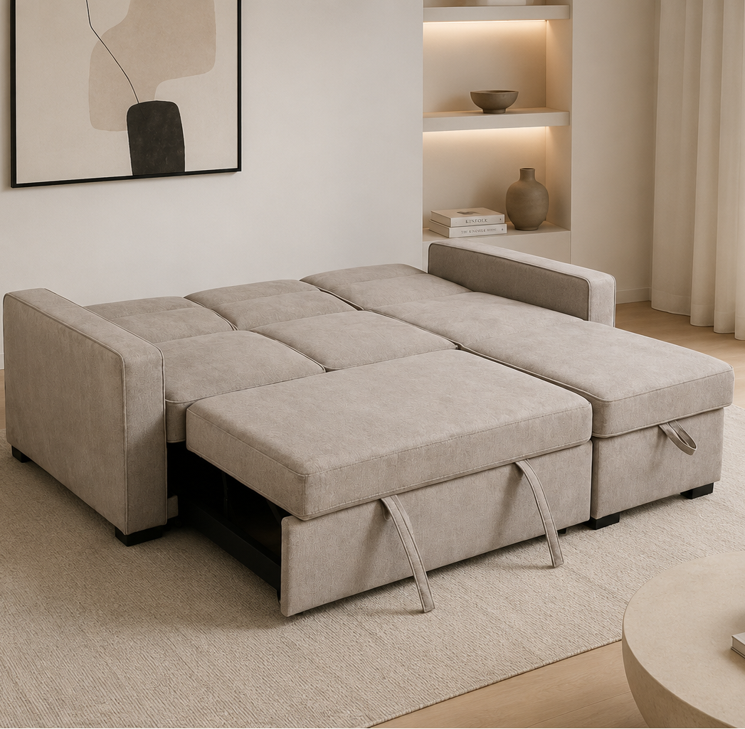 Menisia Taupe Fabric Sectional Sofa Bed with Reversible Storage Chaise - Close-Up Detail