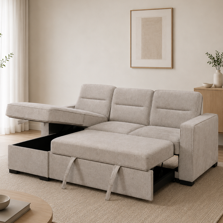 Menisia Taupe Fabric Sectional Sofa Bed with Reversible Storage Chaise - Side View