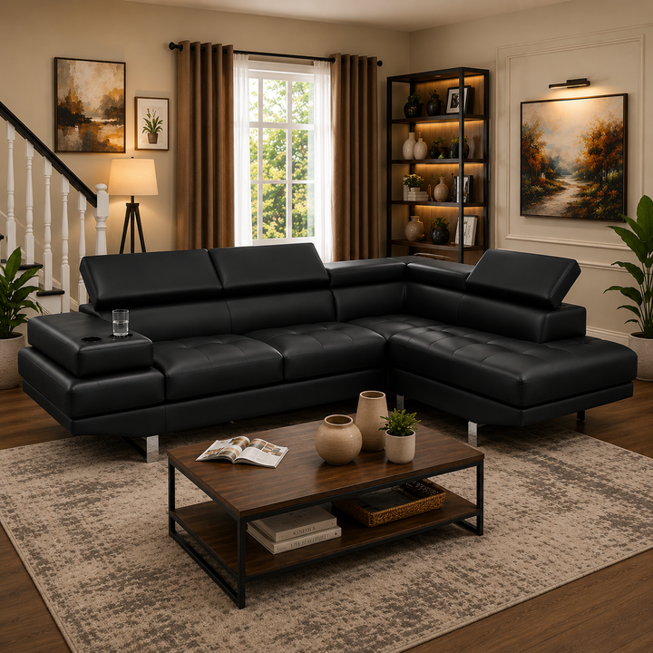 Grayson 3-Seater Sectional Sofa In Leathaire Upholstery - Black | Available in LHF/ RHF Configuration