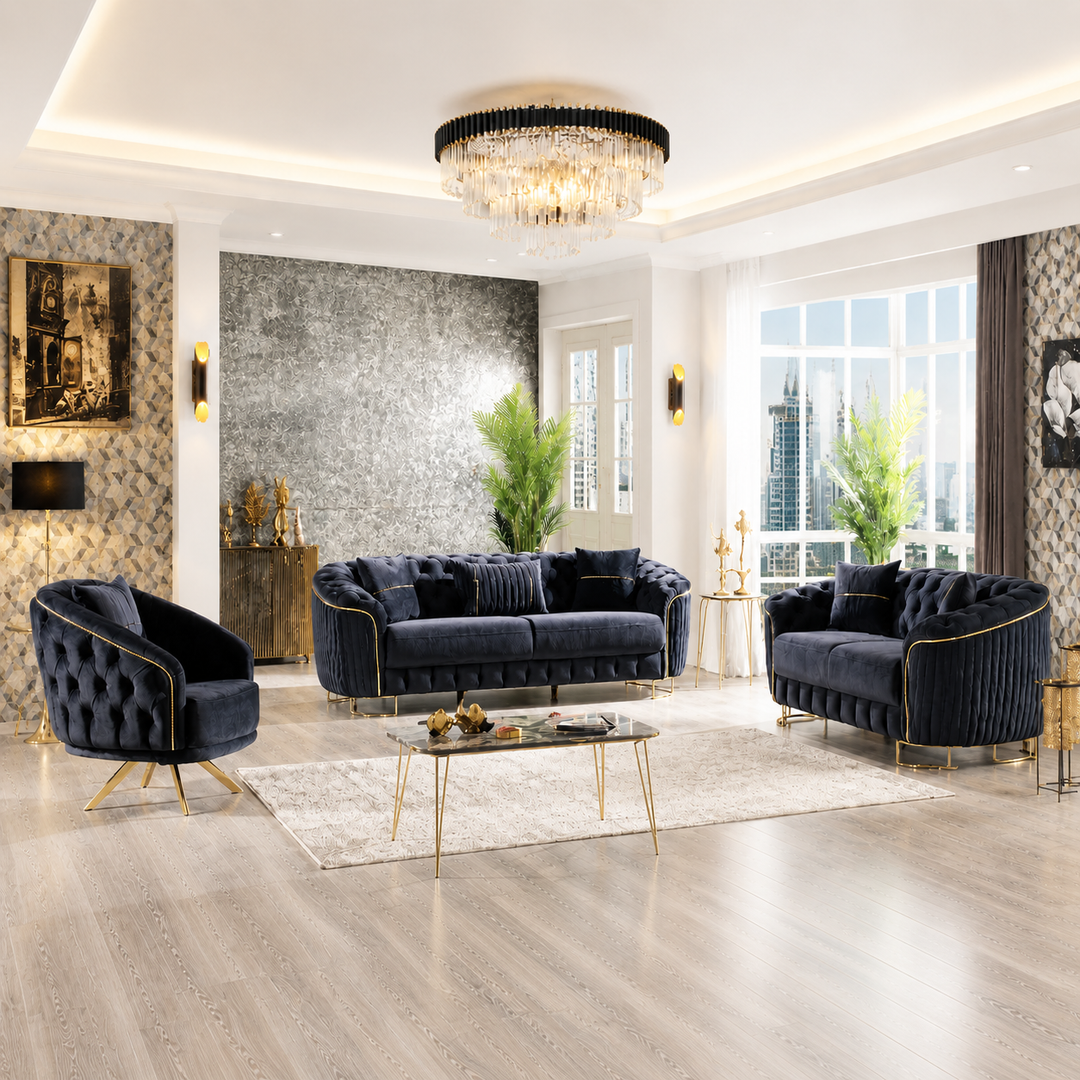 Julia Black 3-Piece Stationary Sofa Set In Velvet Upholstery