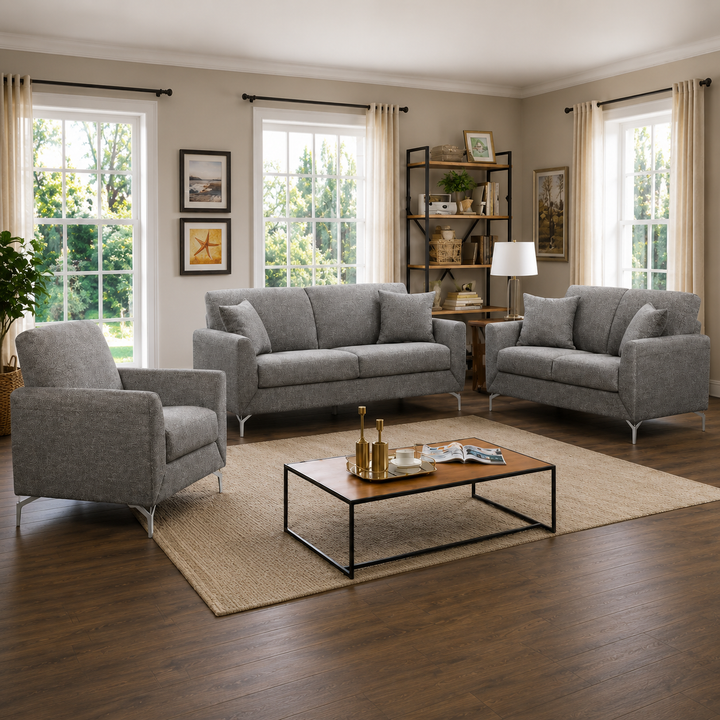 Mathews Grey 3-Piece Sofa Set In Fabric Upholstery
