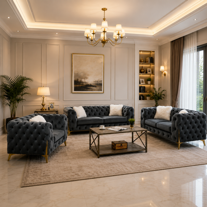 Oakley Grey 3-Piece Sofa Set In Velvet Upholstery