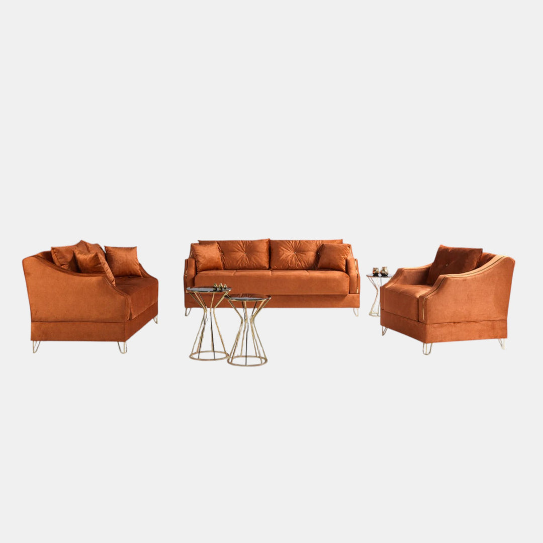 Inglis 3-Piece Velvet Upholstered Sofa Set In Orange Finish