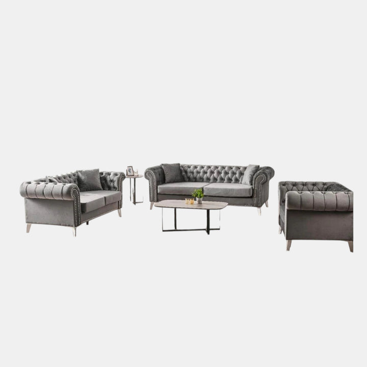Makron Grey 3-Piece Stationary Sofa Set In Velvet Upholstery